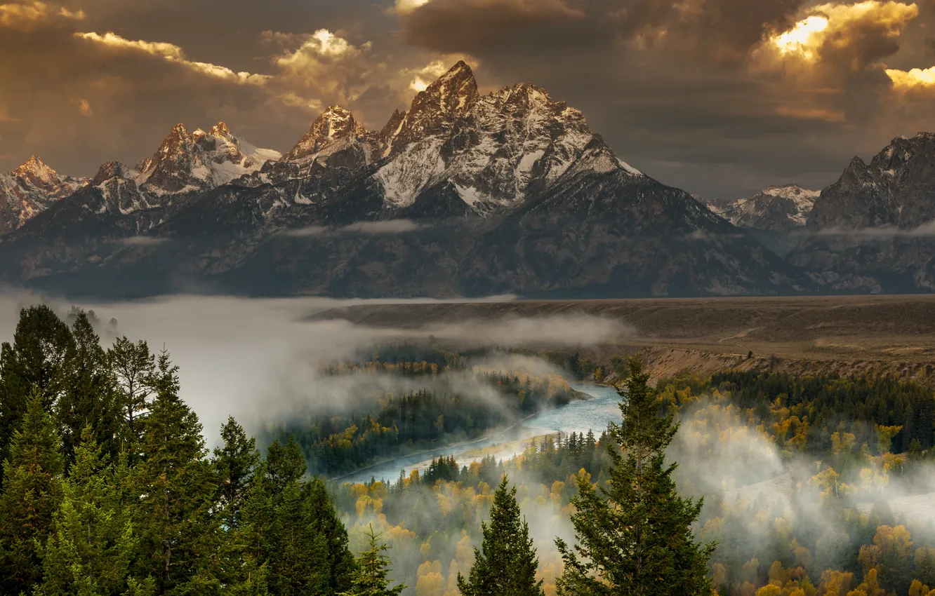 Photo wallpaper the sky, clouds, trees, mountains, nature, fog, river, rocks