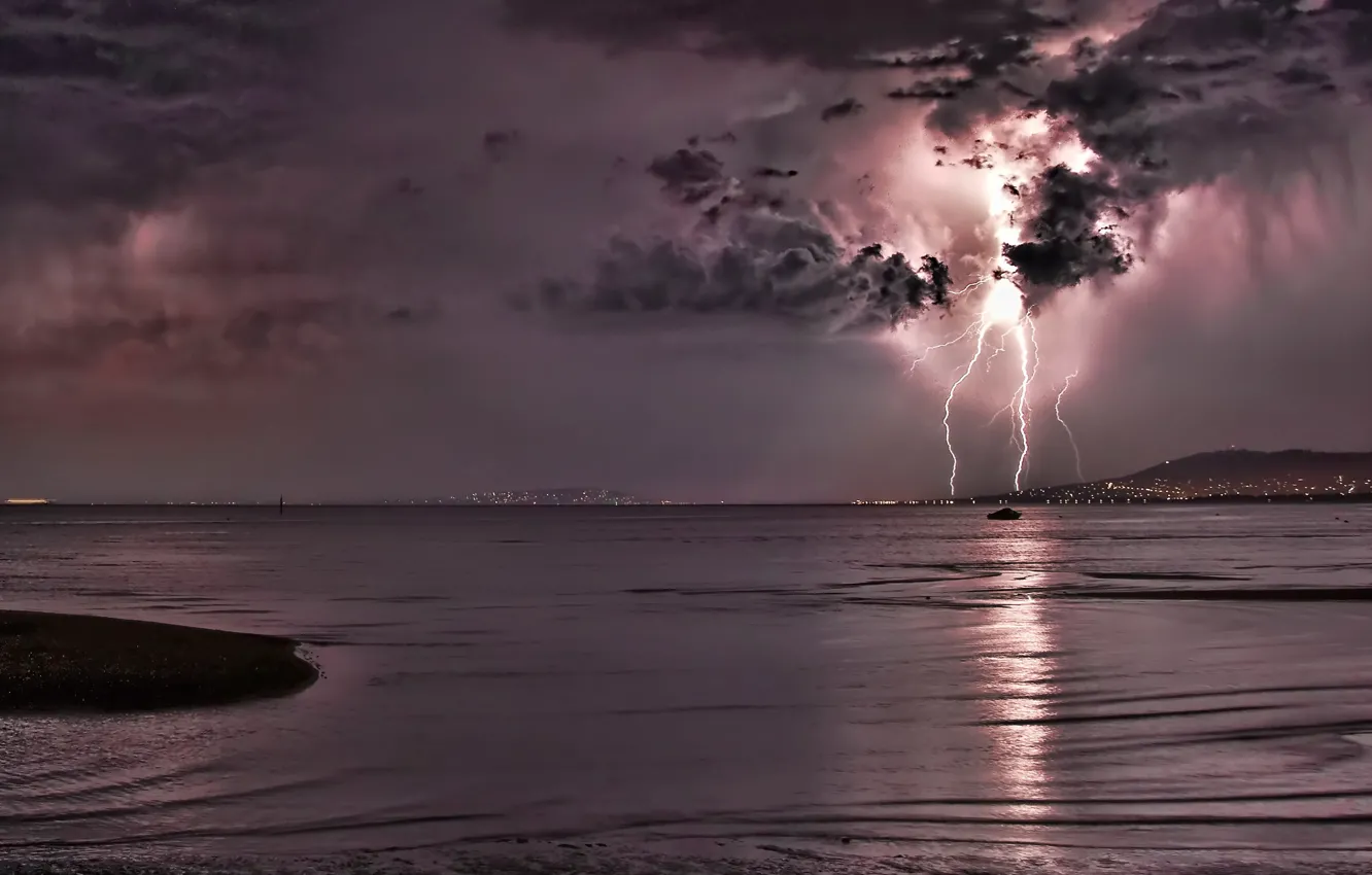 Photo wallpaper sea, night, lightning, thunder