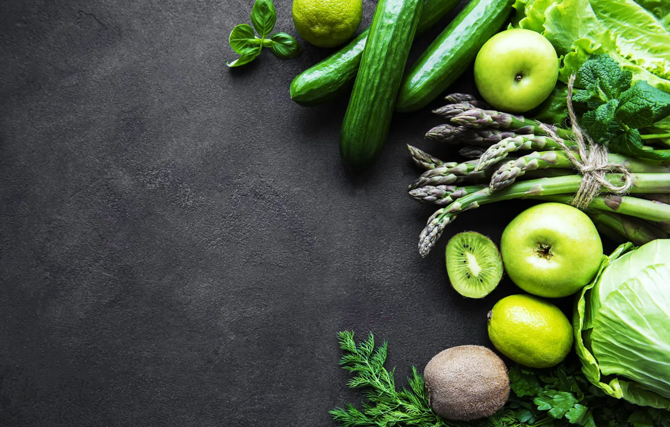 Photo wallpaper green, the dark background, apples, kiwi, fruit, vegetables, cucumbers, asparagus