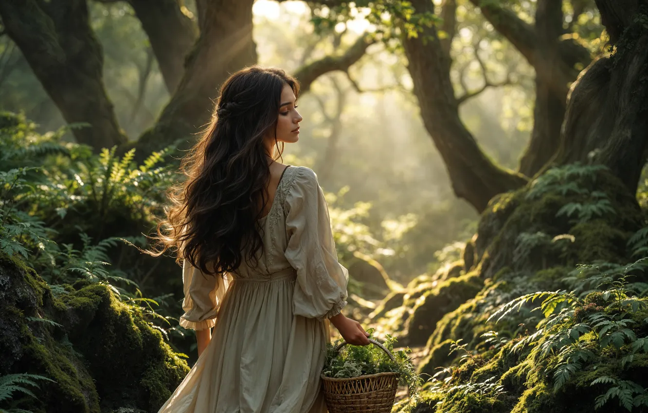 Photo wallpaper greens, forest, grass, girl, light, trees, branches, nature