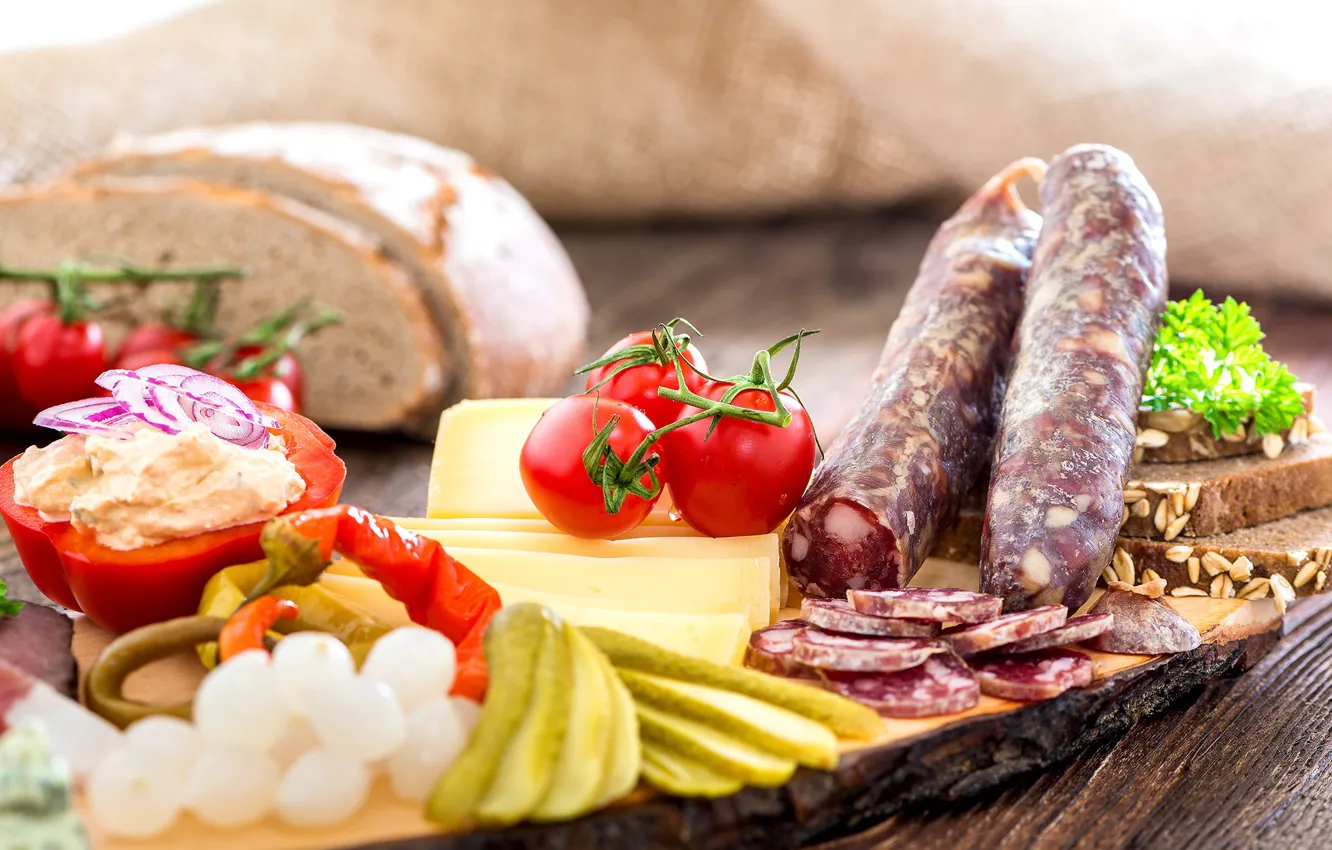 Photo wallpaper cheese, bread, tomatoes, sausage
