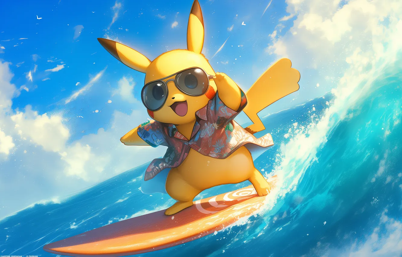 Photo wallpaper waves, Hawaii, surfing, Pikachu, shirt, sunglasses, open mouth, looking at viewer