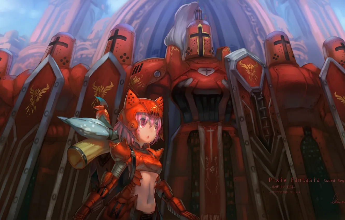 Photo wallpaper girl, armor, warrior, helmet, shield, backpack, animal ears, pixiv fantasia