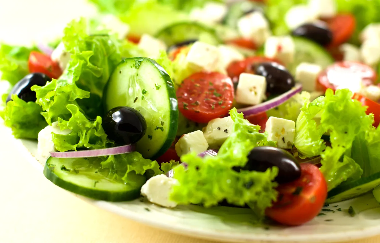 Photo wallpaper cheese, bow, tomatoes, cucumbers, salad, olives
