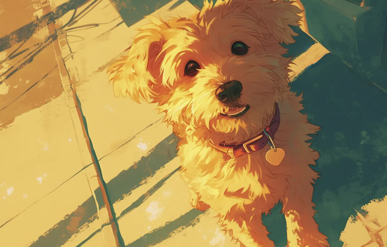 Photo wallpaper look, face, dog, art, collar, digital art, imitation painting, AI art