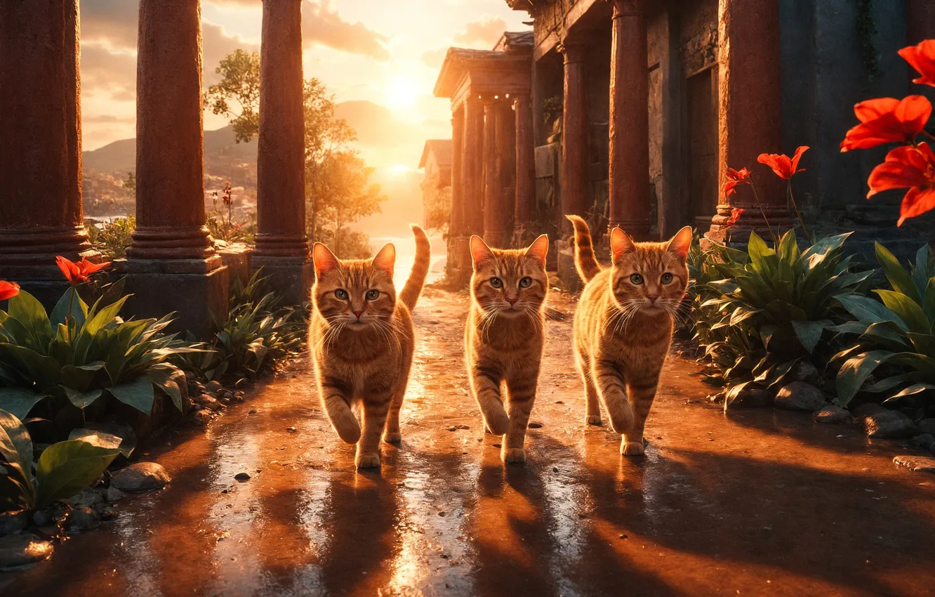 Photo wallpaper cat, cat, red, Three cats