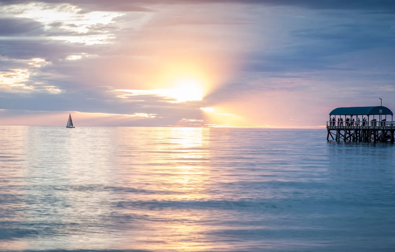 Photo wallpaper the ocean, the evening, yacht, pier