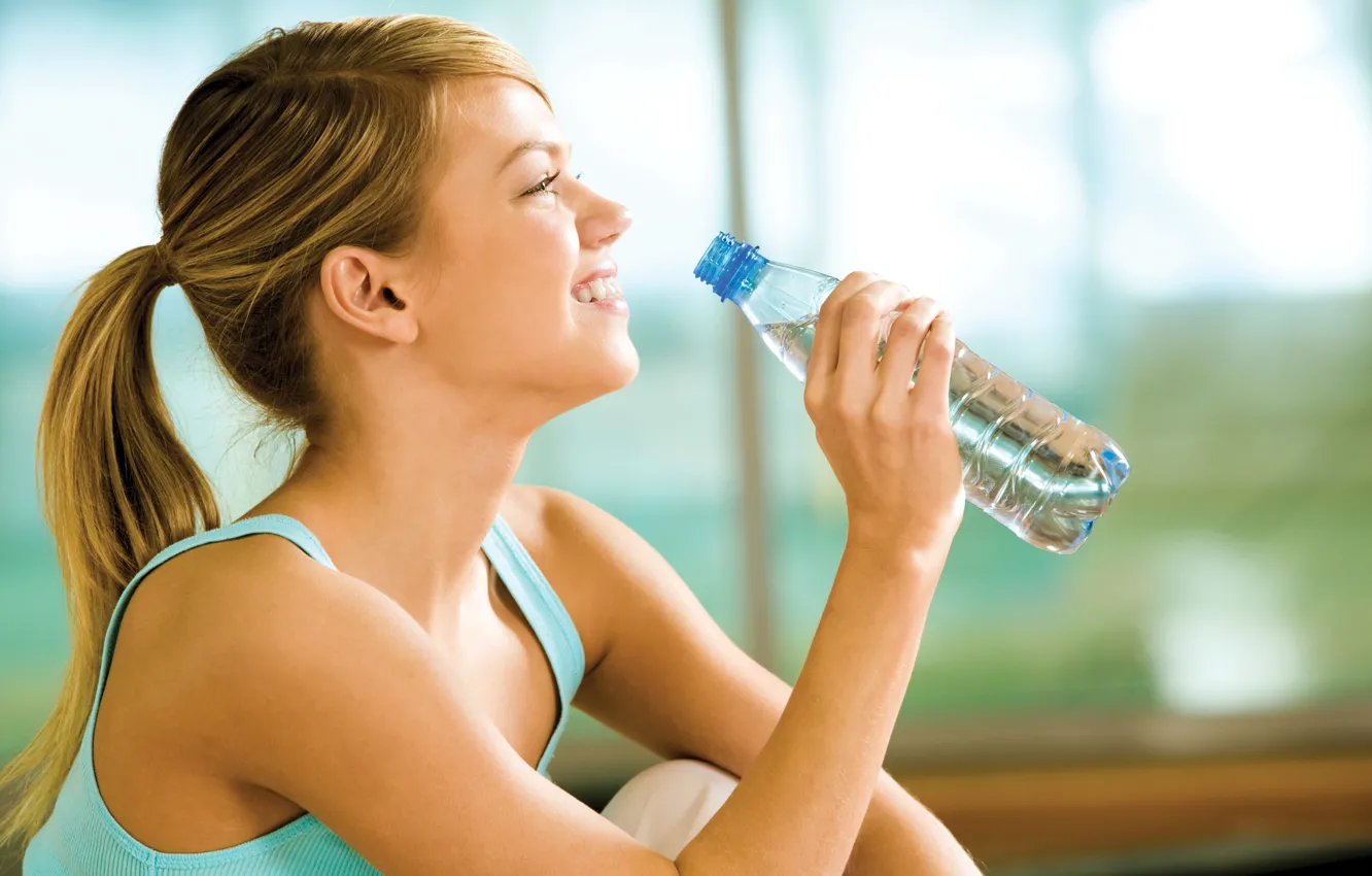 Photo wallpaper woman, smile, water, water bottle, vital liquid