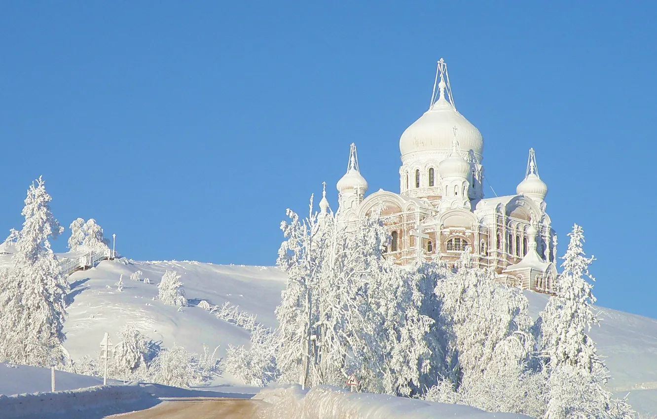Photo wallpaper frost, trees, Winter, temple, Belogorye
