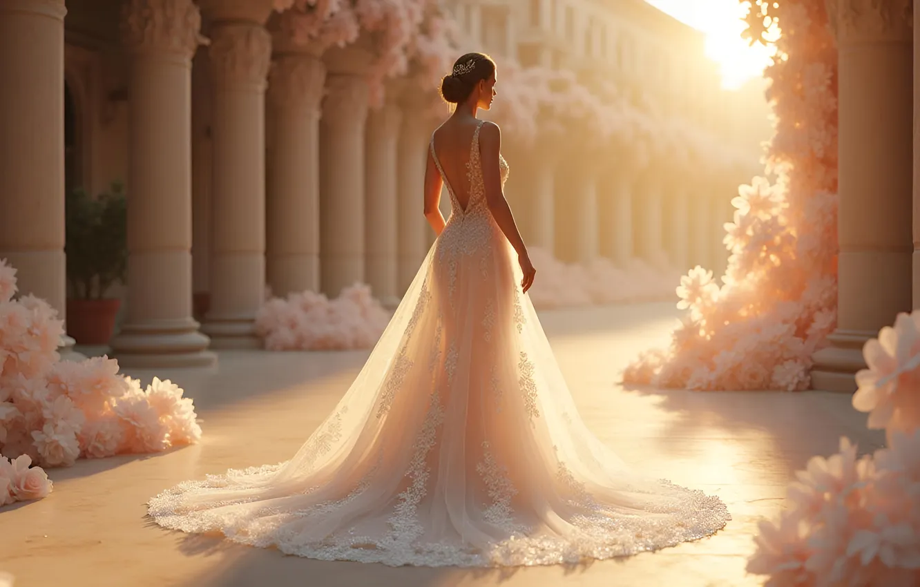 Photo wallpaper flowers, castle, morning, columns, the bride, in white, wedding dress, digital art