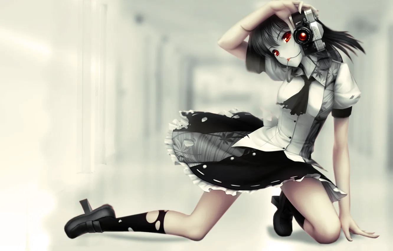 Photo wallpaper touhou, anime, Aya Shameimaru, Red Eyes, camera, red thread