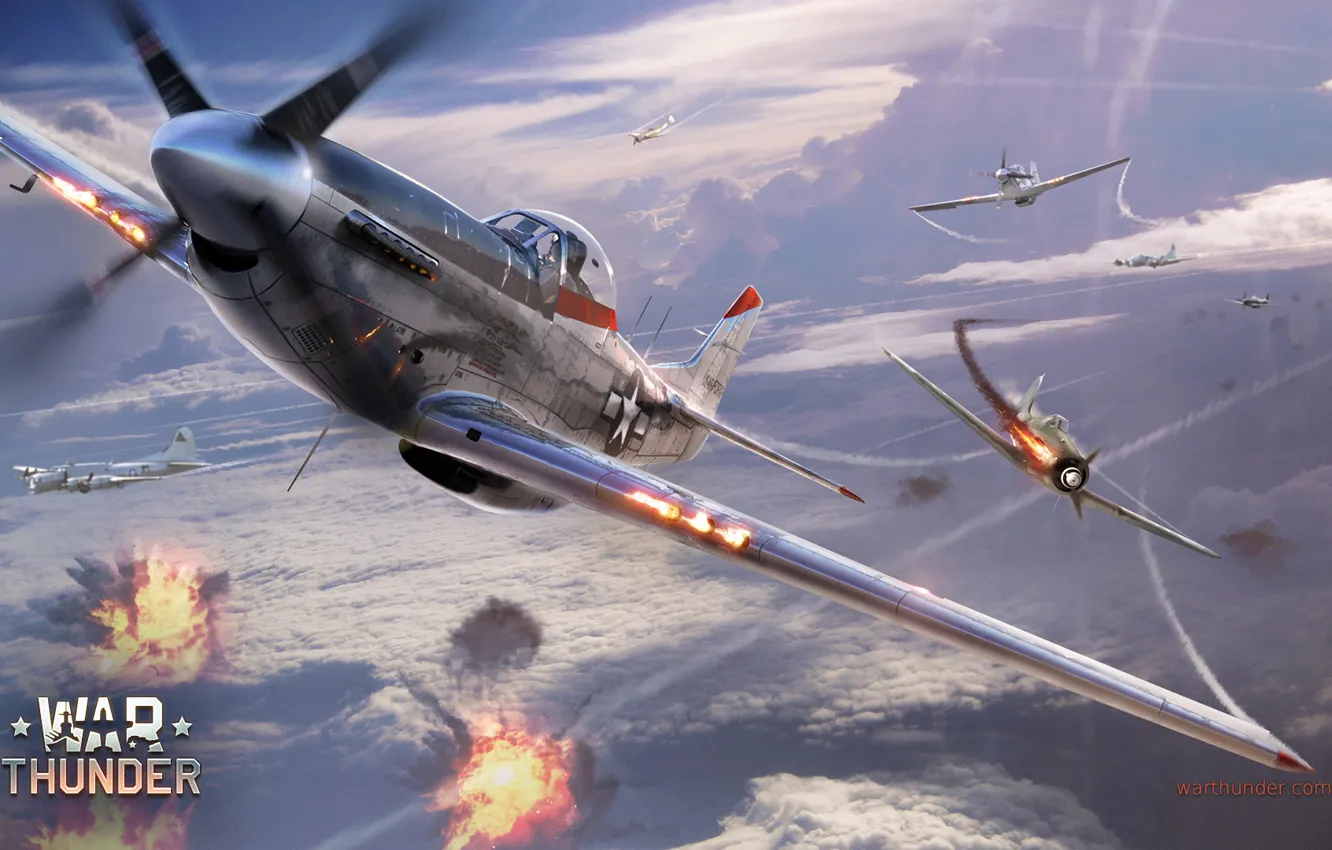 Photo wallpaper the sky, clouds, fire, war, Mustang, fighter, Boeing, bomber