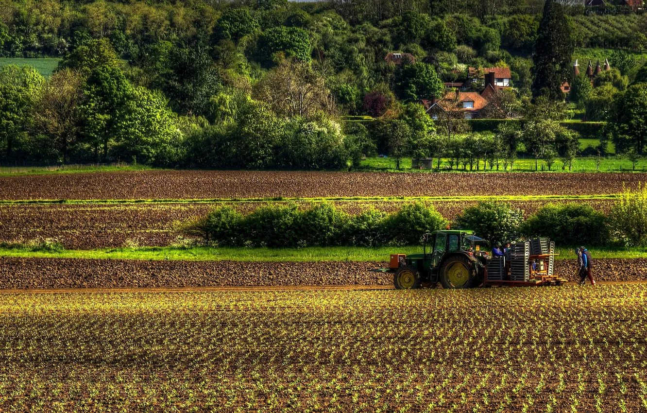 Photo wallpaper field, trees, England, harvest, tractor, house, plowing
