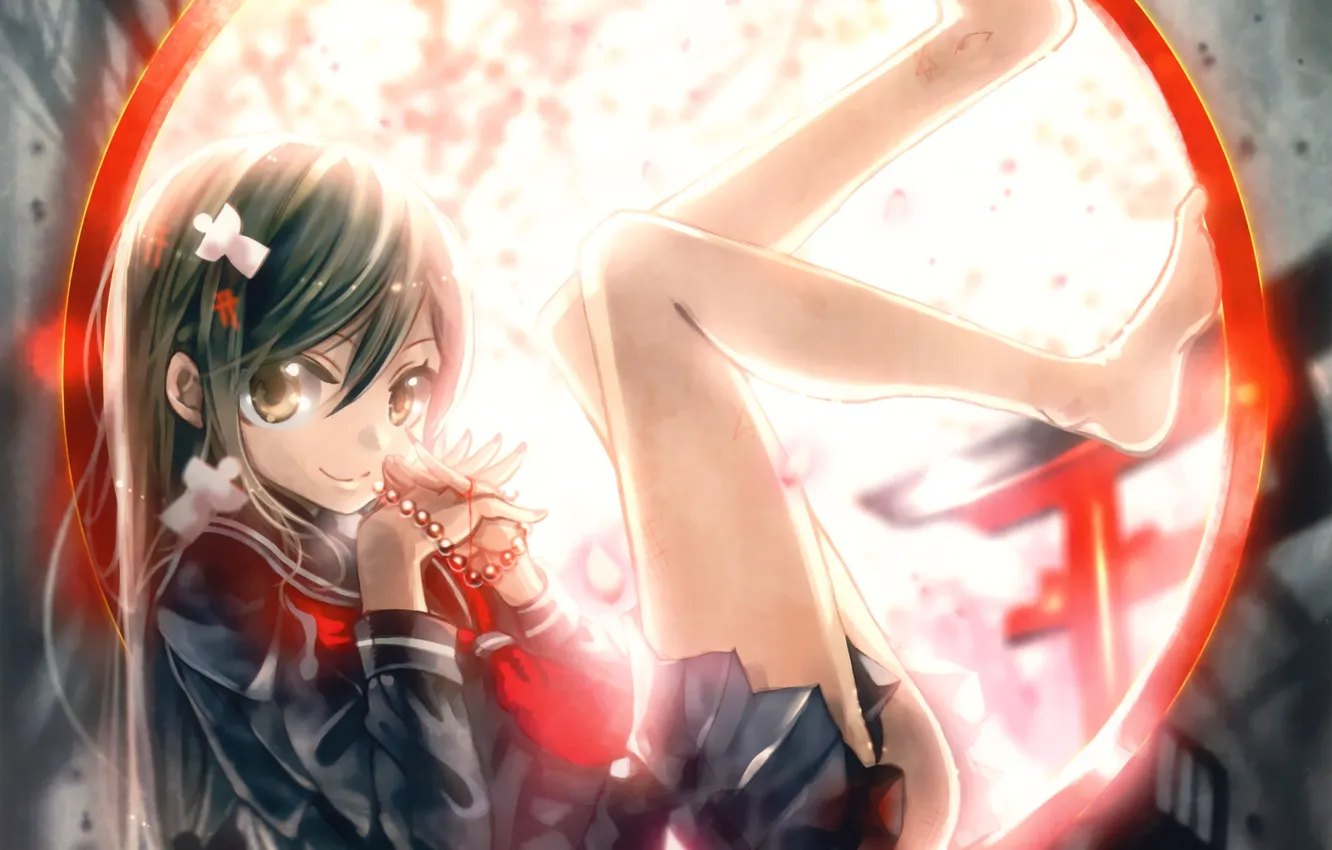 Photo wallpaper girl, circles, anime, petals, art, beads, form, schoolgirl