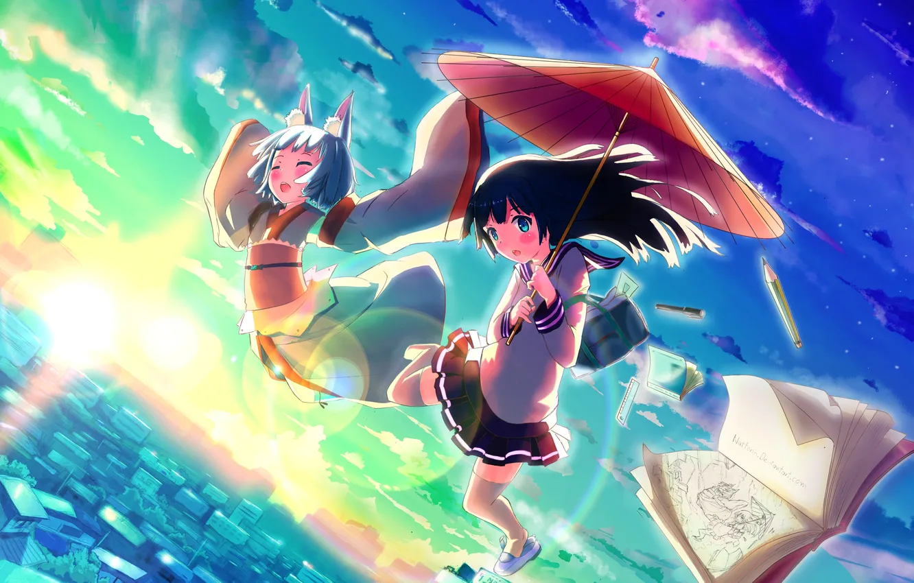 Photo wallpaper the sky, girl, clouds, flight, sunset, the city, home, umbrella