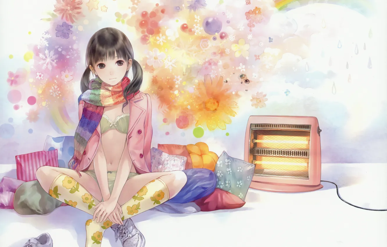 Photo wallpaper flowers, figure, rainbow, pillow, scarf, jacket, girl, sitting