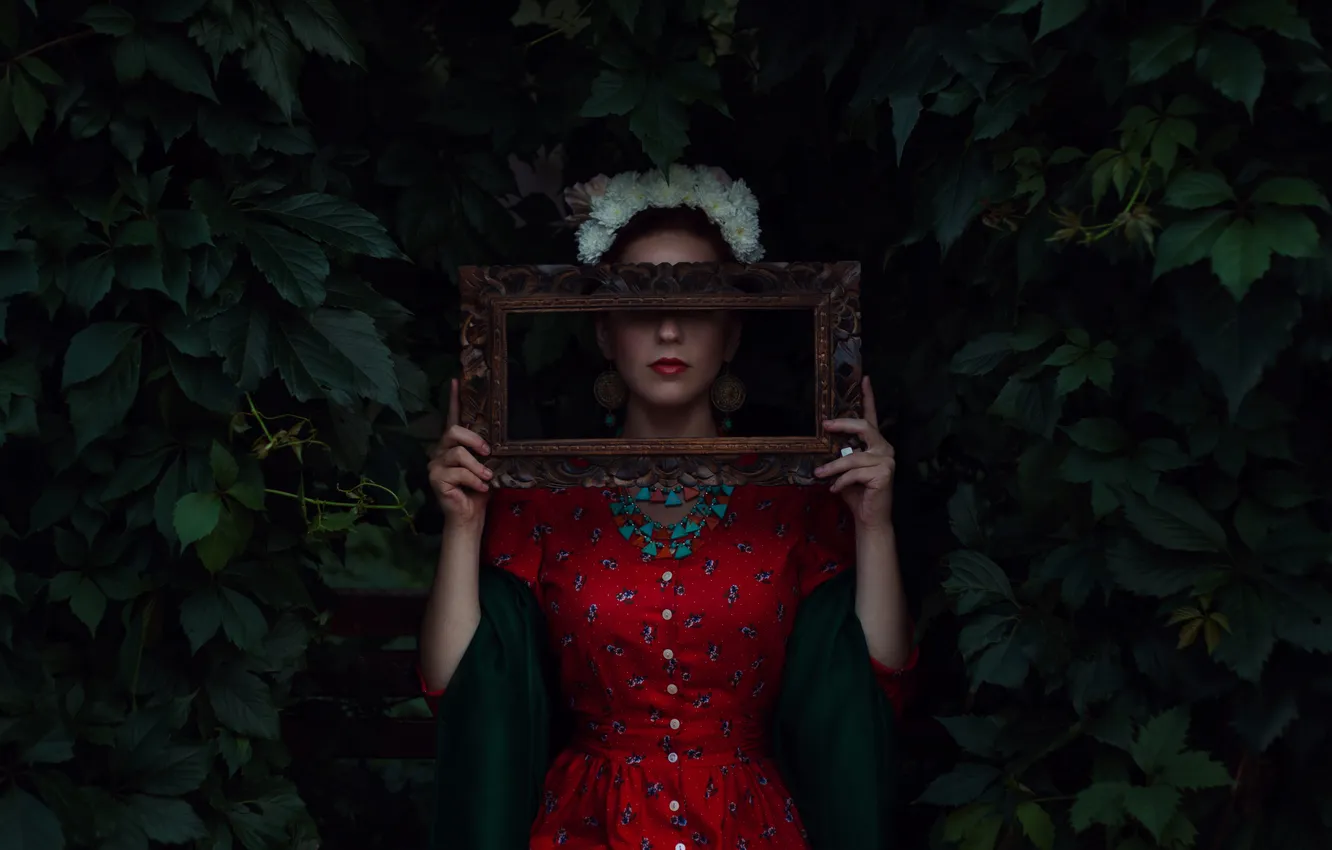 Photo wallpaper girl, frame, dress, the bushes