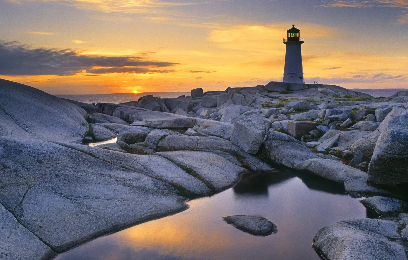 Photo wallpaper sea, the sky, the sun, landscape, sunset, stones, shore, lighthouse