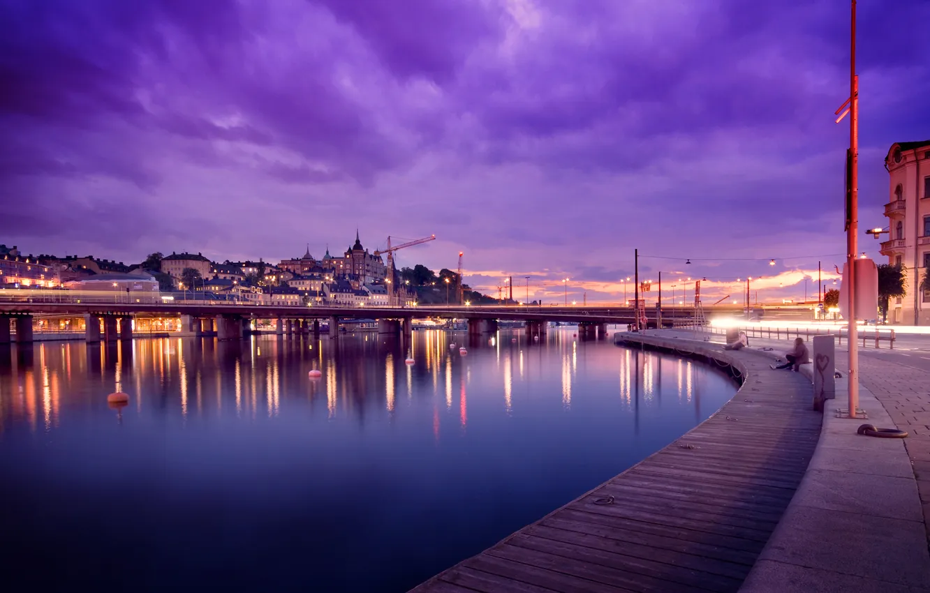 Photo wallpaper water, sunset, clouds, lights, reflection, the evening, pier, Stockholm