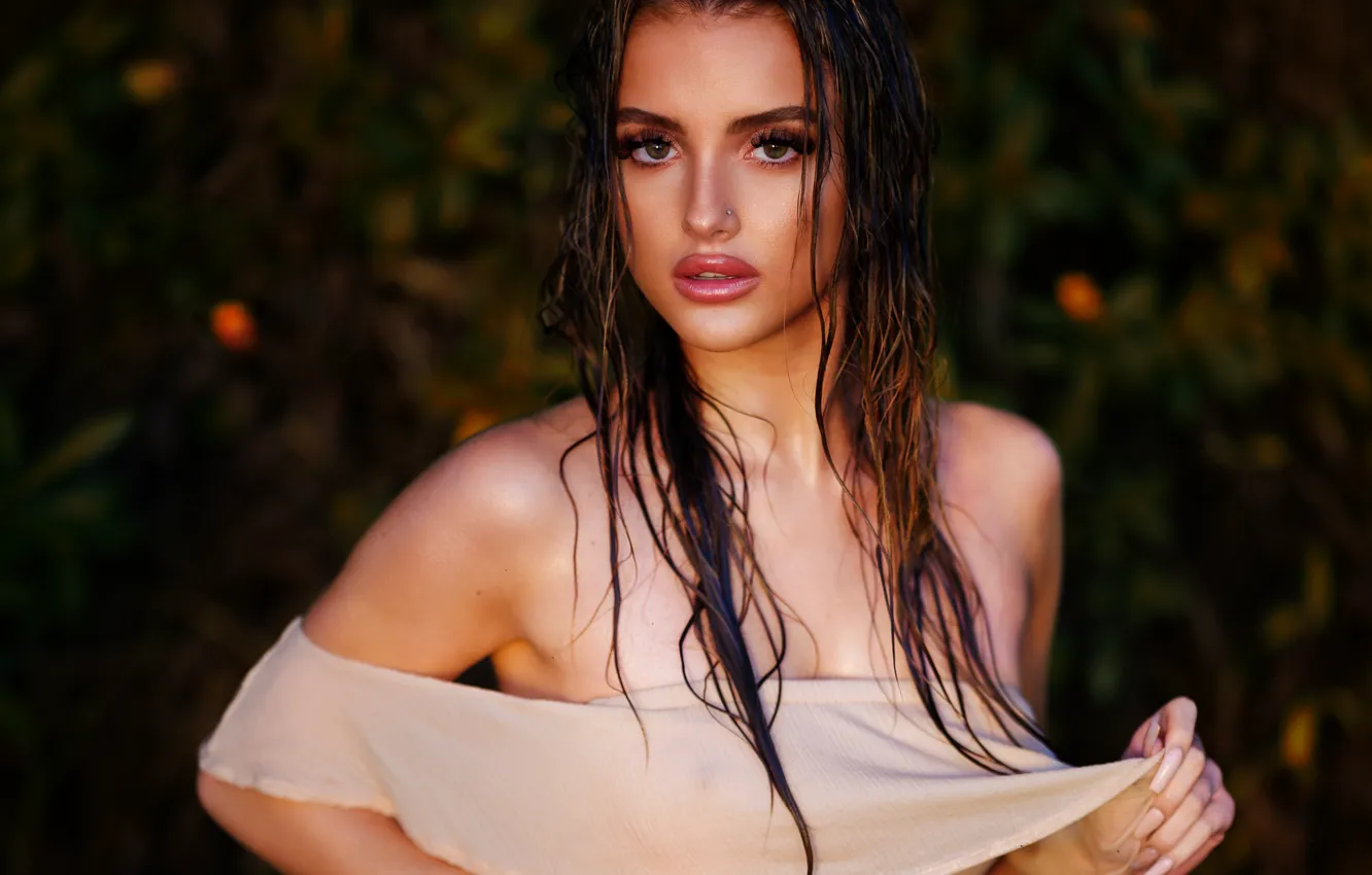 Photo wallpaper girl, pose, portrait, wet, makeup, dress, hairstyle, brown hair