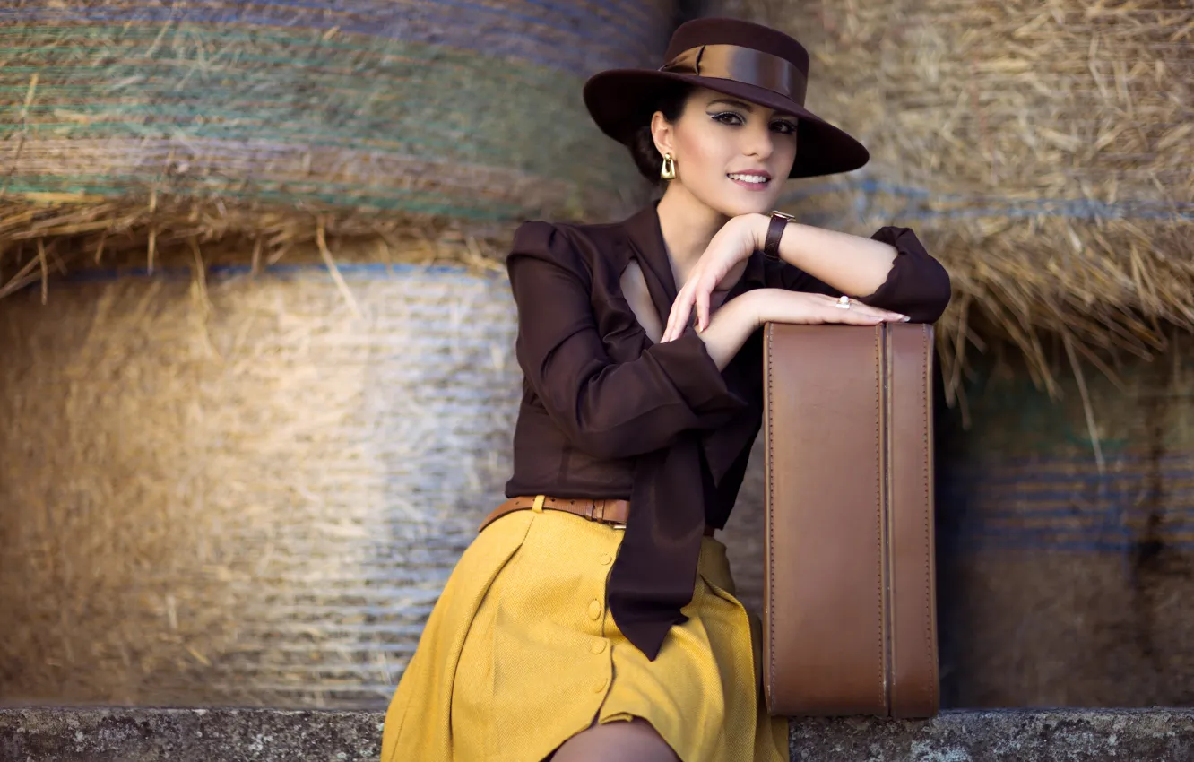 Photo wallpaper look, girl, nature, pose, smile, watch, skirt, portrait