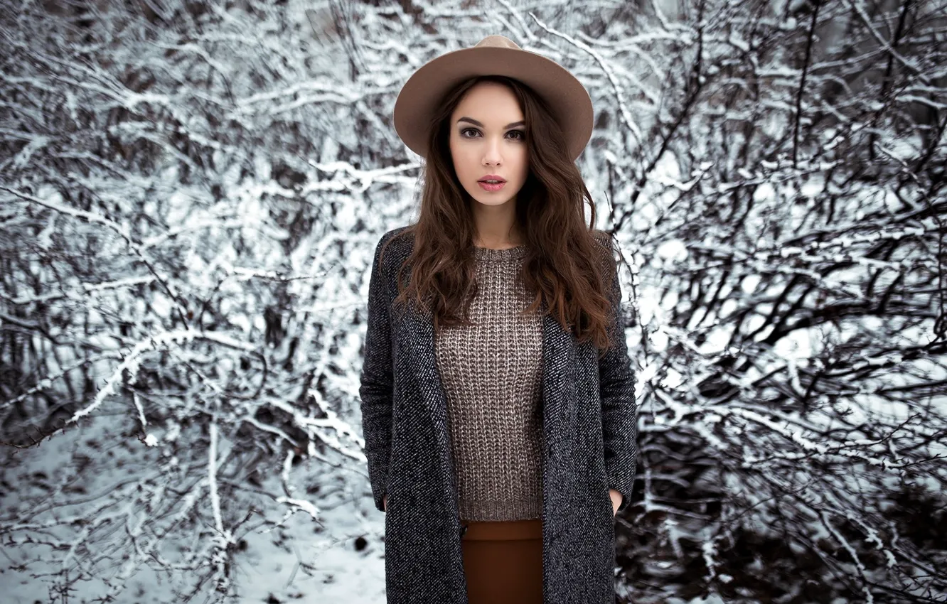 Photo wallpaper winter, girl, snow, hat, makeup, hairstyle, brown hair, beauty