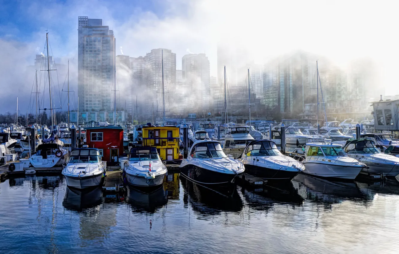 Photo wallpaper fog, home, boats, harbour