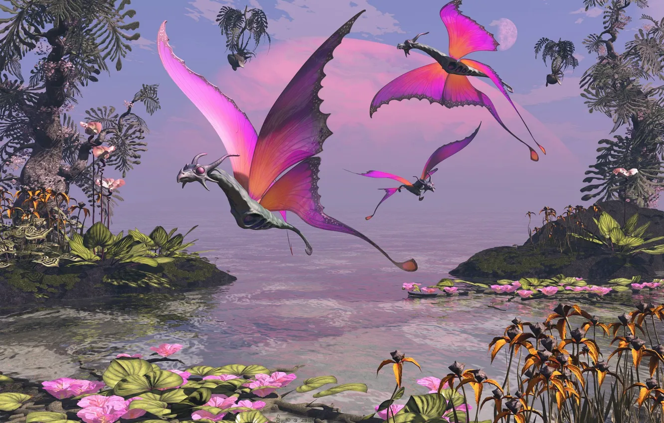 Photo wallpaper vegetation, planet, creatures, pond, Dragon Butterfly