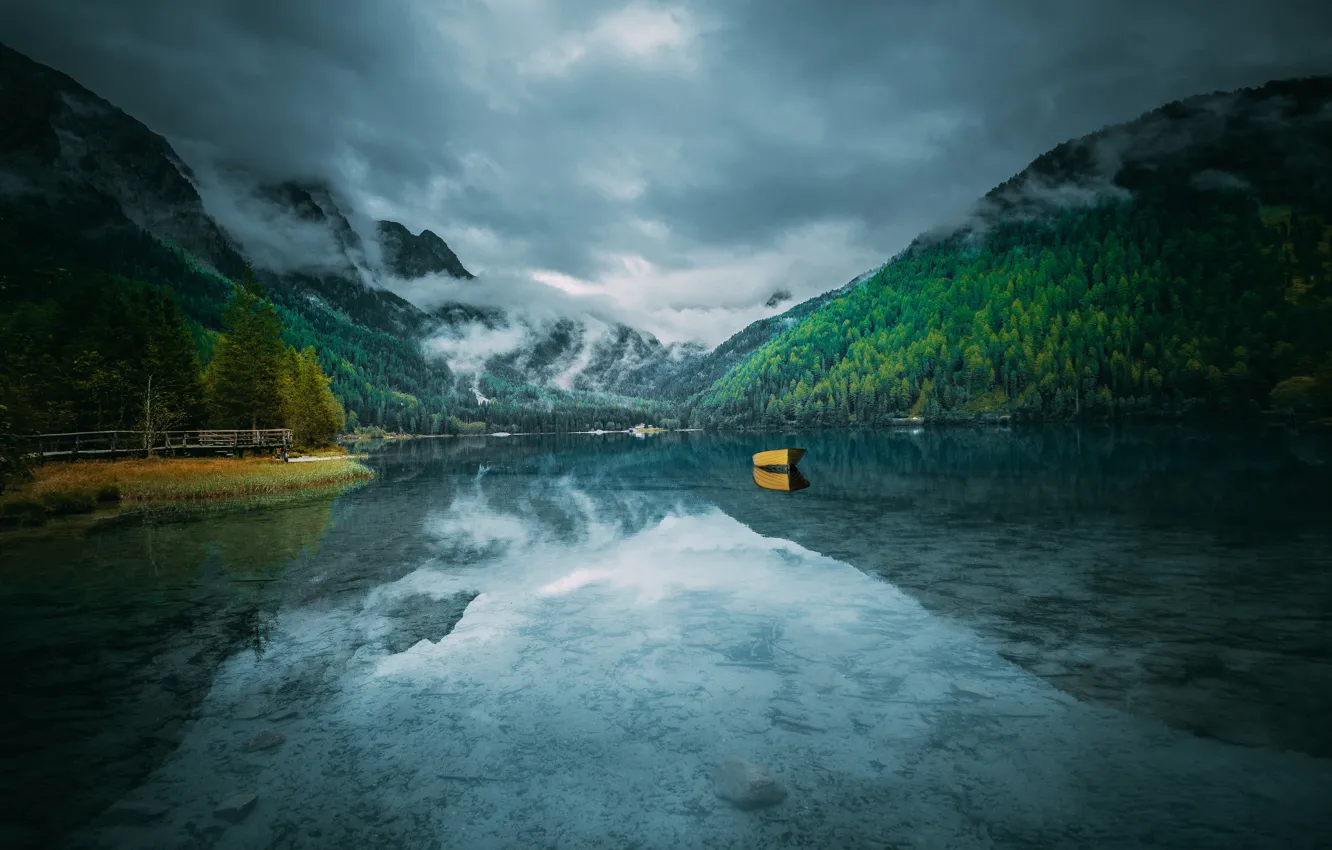 Photo wallpaper forest, clouds, mountains, fog, lake, reflection, shore, boat