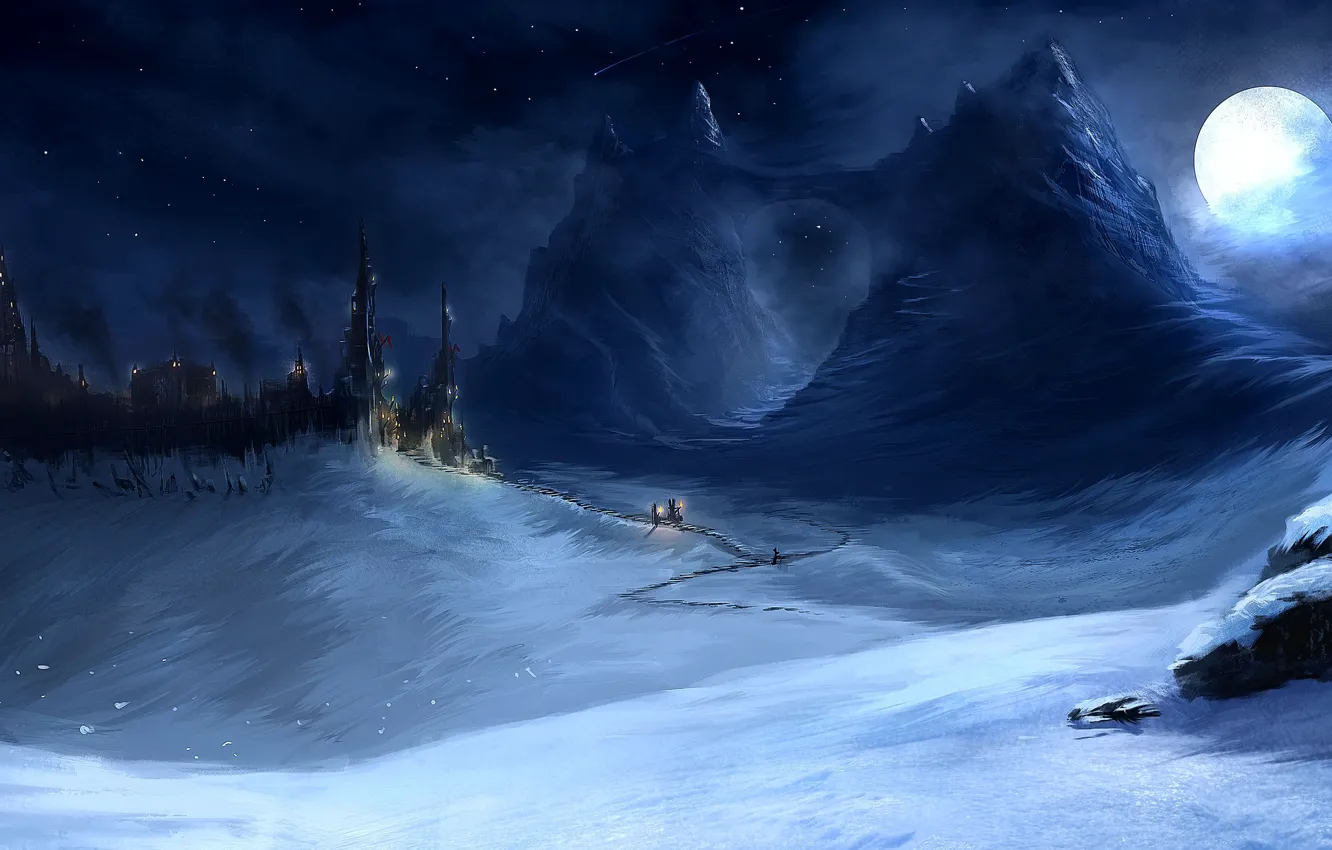 Photo wallpaper snow, mountains, night, lights, castle, the moon