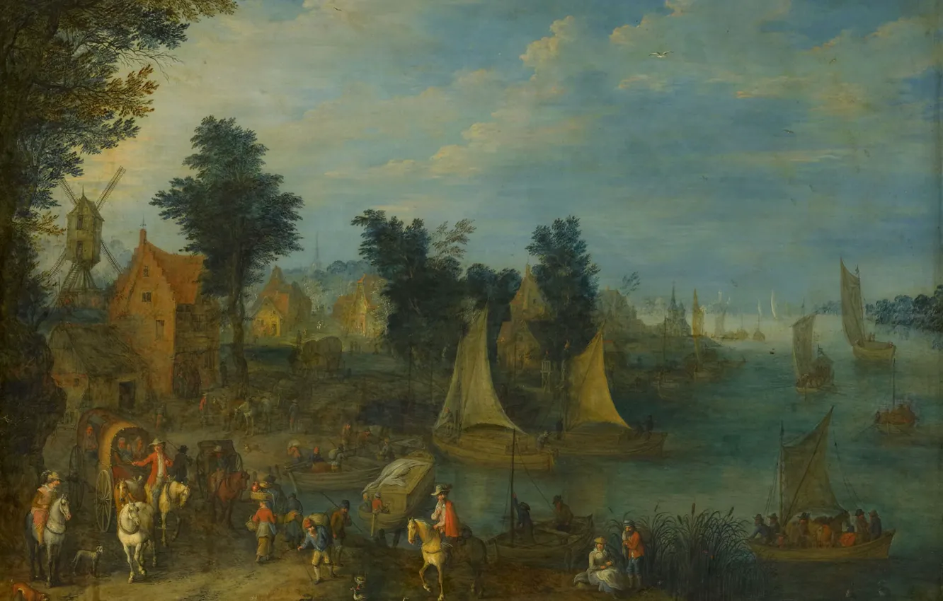 Photo wallpaper landscape, picture, Village on the Banks of the River, Joseph Van Bredel