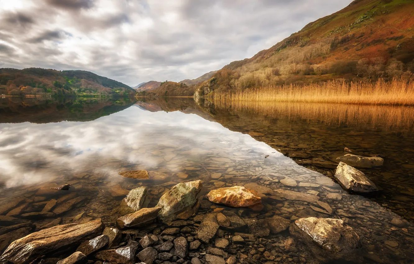 Photo wallpaper lake, stones, Wales, Snowdonia, Llyn Gwynant