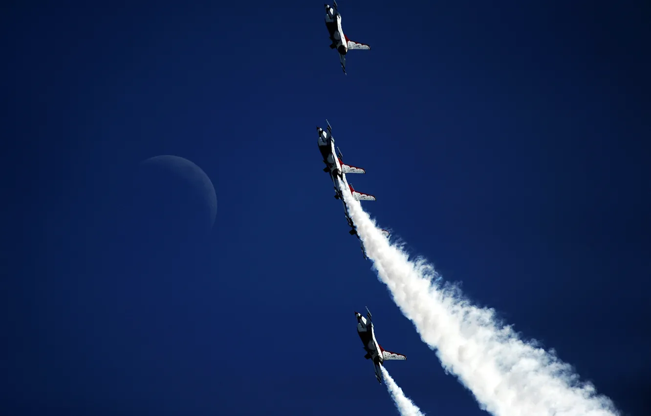 Photo wallpaper the sky, flight, the plane, the moon, trail