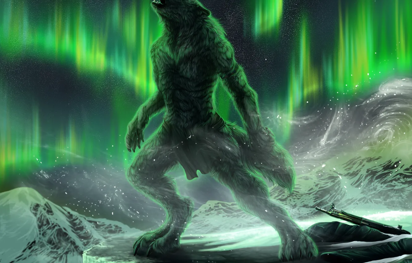 Photo wallpaper Northern lights, howl, werewolf
