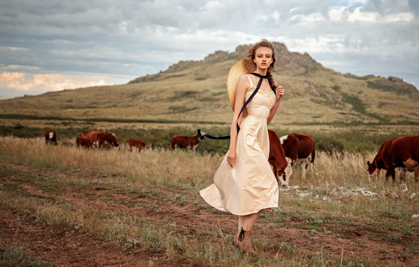 Photo wallpaper the sky, grass, girl, cows, dress, meadow, George Chernyadev, Georgy Chernyadyev