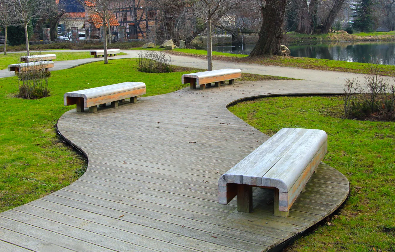 Photo wallpaper park, bench, wood, alley
