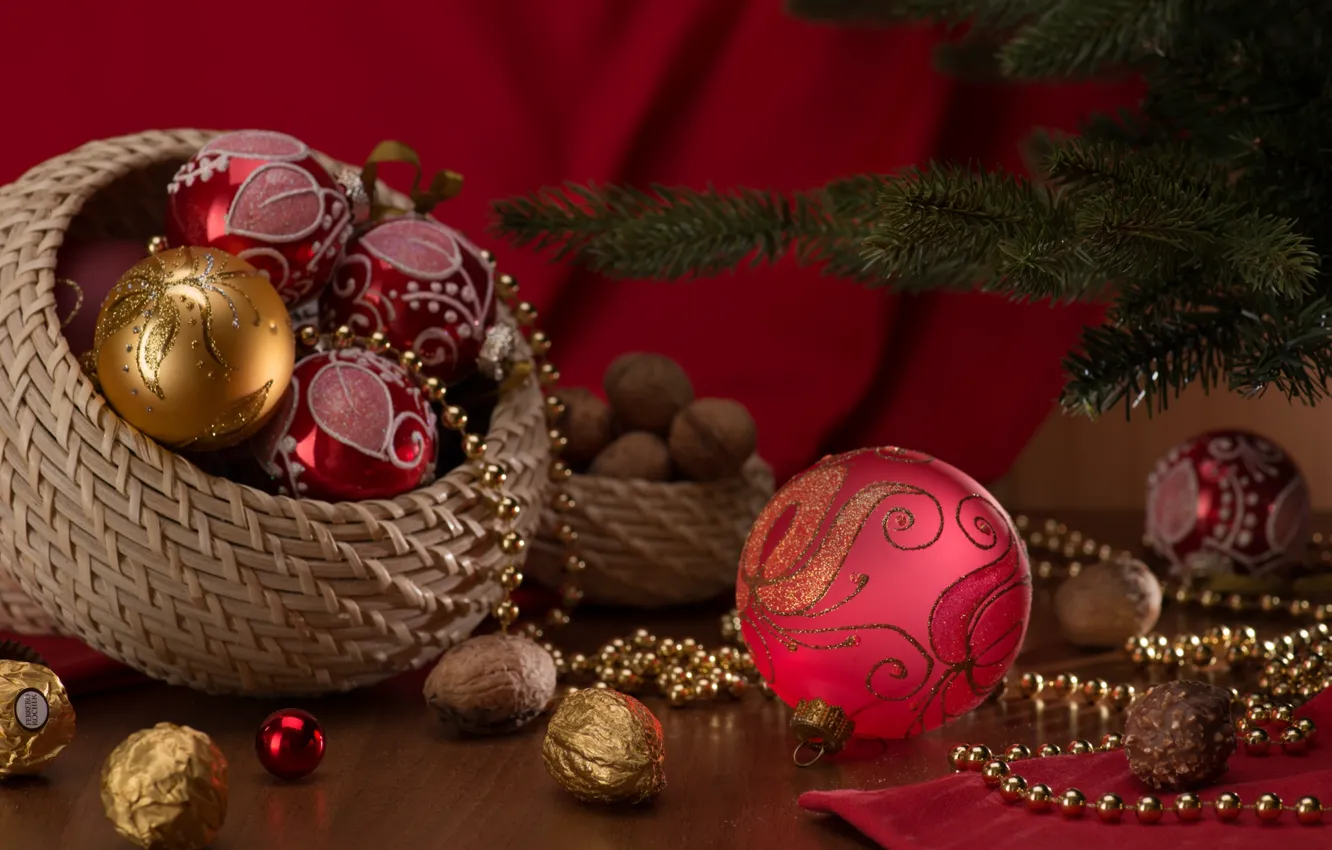 Photo wallpaper holiday, basket, toy, spruce, nuts