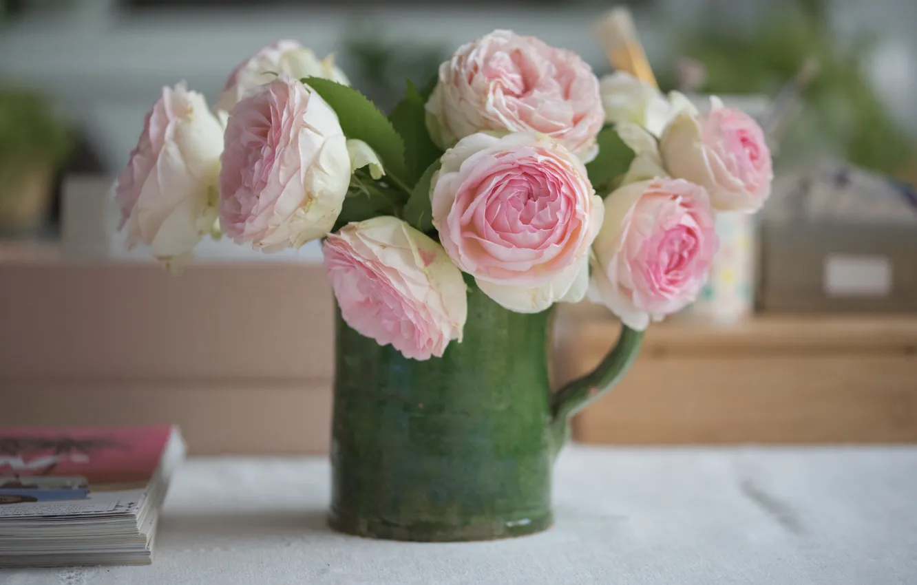 Photo wallpaper roses, bouquet, pitcher