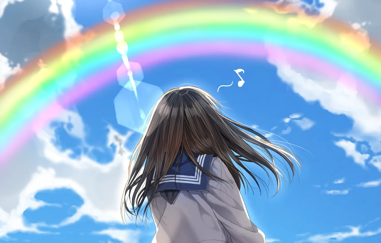 Photo wallpaper clouds, rainbow, schoolgirl, blue sky, breeze, sailor, from the back
