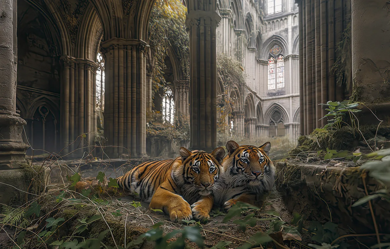 Photo wallpaper tiger, wild cats, a couple, neural network