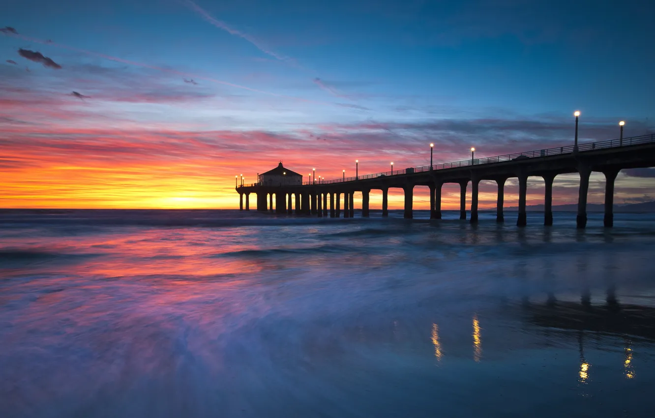 Photo wallpaper landscape, sunset, bridge, United States, California, Manhattan Beach, Sand Section