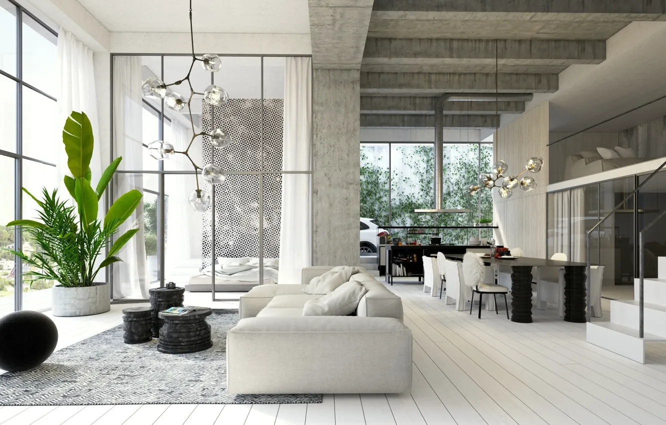 Photo wallpaper design, style, Villa, interior, living room, dining room