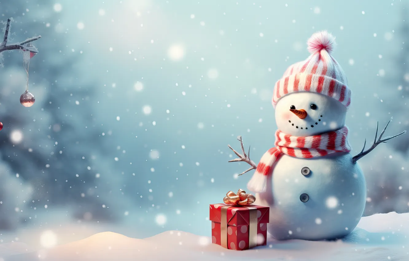 Photo wallpaper winter, snow, new year, Christmas, snowman, Christmas, winter, snow