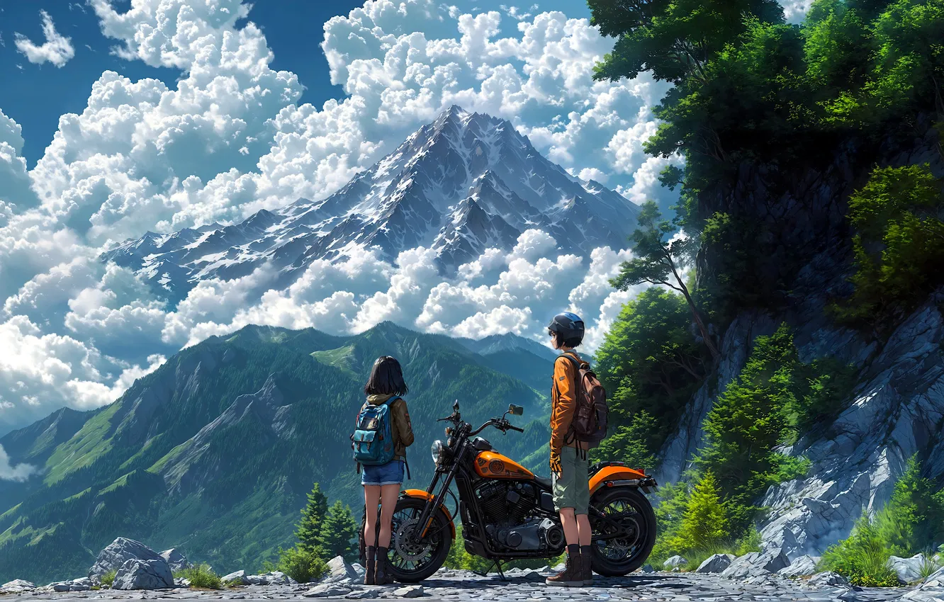 Photo wallpaper girl, bike, anime, boy, peaks