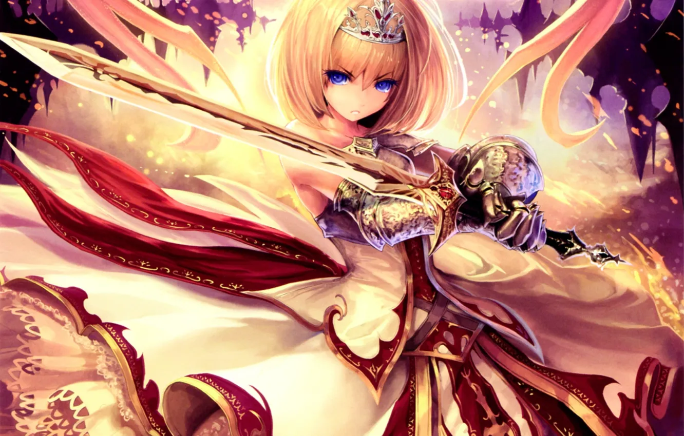 Photo wallpaper girl, weapons, wings, sword, anime, art, tiara, tachikawa mushimaro