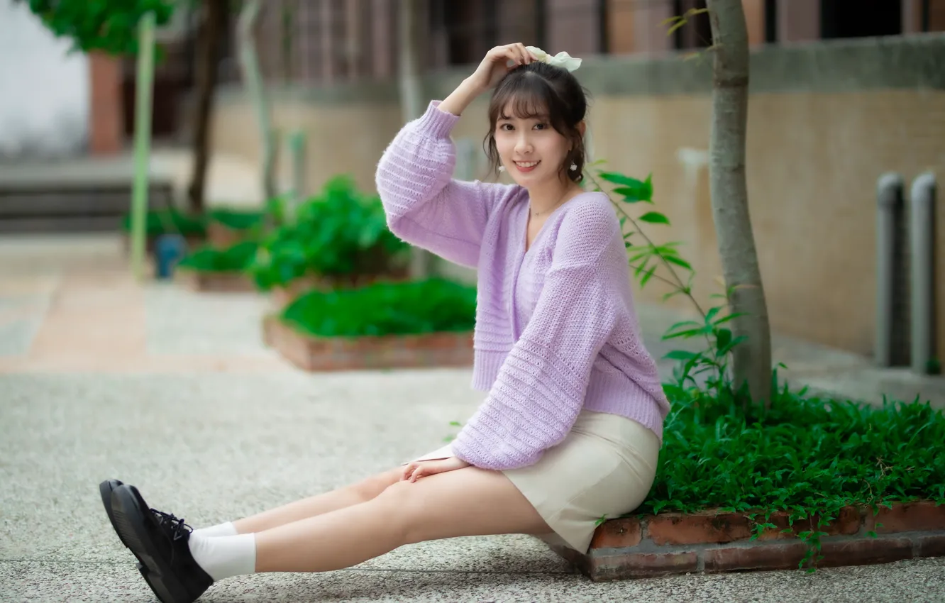 Photo wallpaper smile, green grass, positive, Asian, gesture, white skirt, pink jacket, slender legs