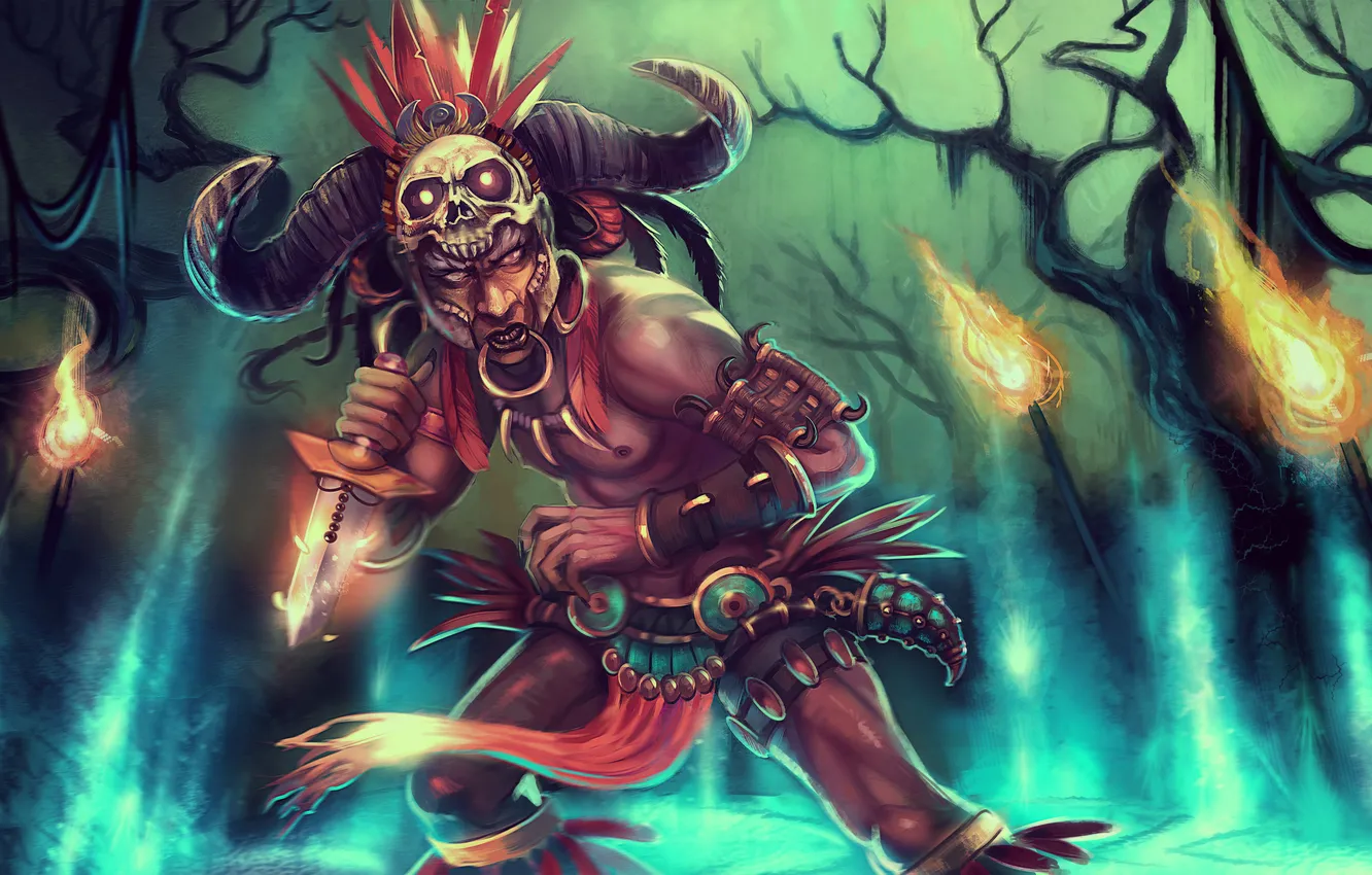 Photo wallpaper feathers, warrior, mask, art, knife, claws, torch