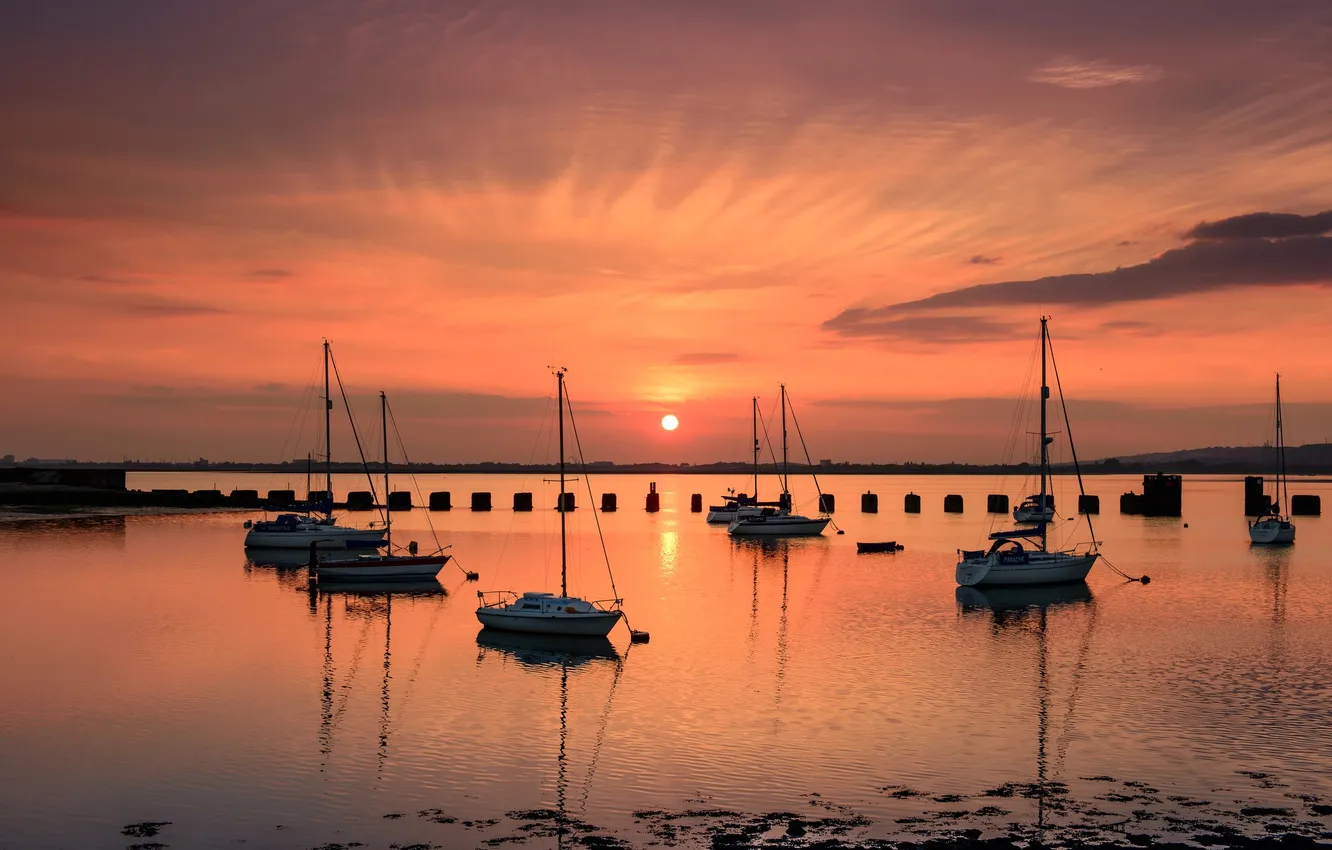 Photo wallpaper the sky, the sun, clouds, sunset, boat, yacht, harbour