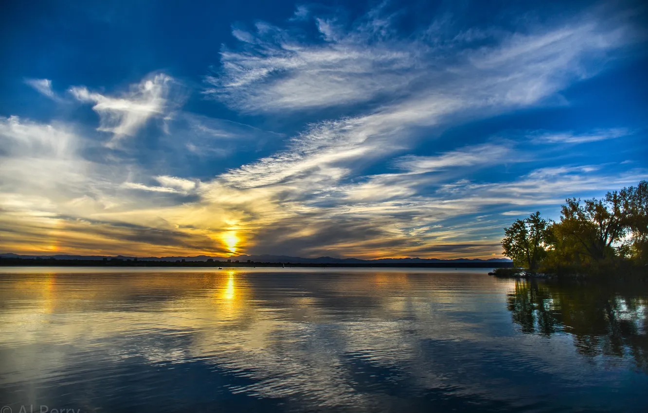 Photo wallpaper the sky, clouds, sunset, lake, reflection