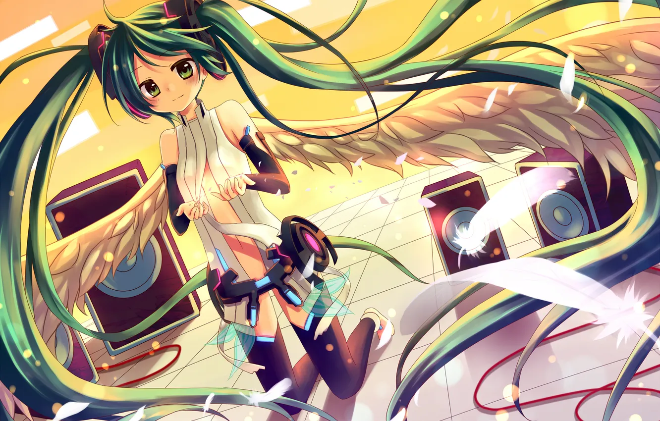 Photo wallpaper girl, wire, wings, feathers, art, vocaloid, hatsune miku, Vocaloid
